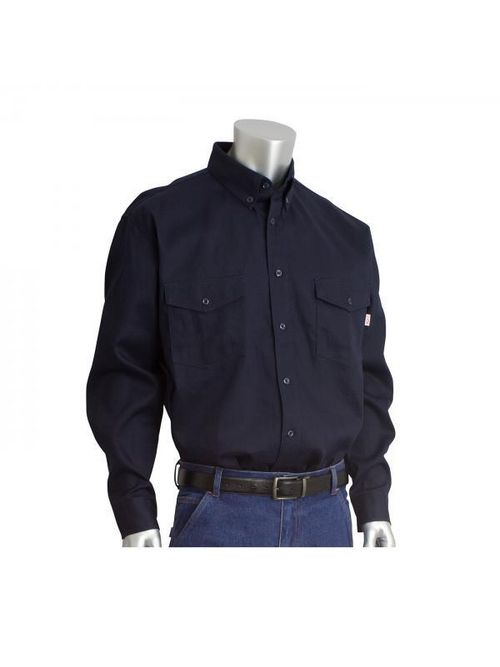 Product image for PIP 385-FRLS-(NV)-2X Double Extra Large Navy Cotton T-Shirt Garment Long Sleeve Knit Arc Rated Flame Resistant Shirt