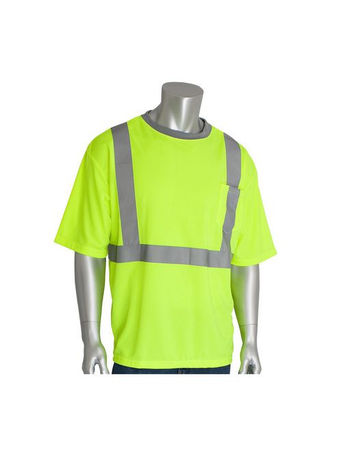 Product image for PIP 312-1200-LY/L CLASS 2 CREW NECK WICKING POLYESTER T-SHIRT WITH GRAY COLLAR, 1 POCKET, LIME YELLOW