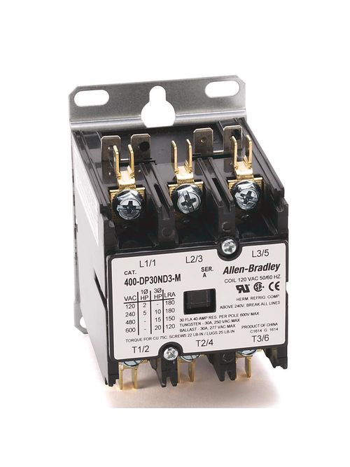 Allen-Bradley 400-DP30ND3 30 Amp 120 Volt 50/60 Hz Definite Purpose Contactor Allen-Bradley 400-DP30ND3 30 Amp 120 Volt 50/60 Hz Definite Purpose Contactor