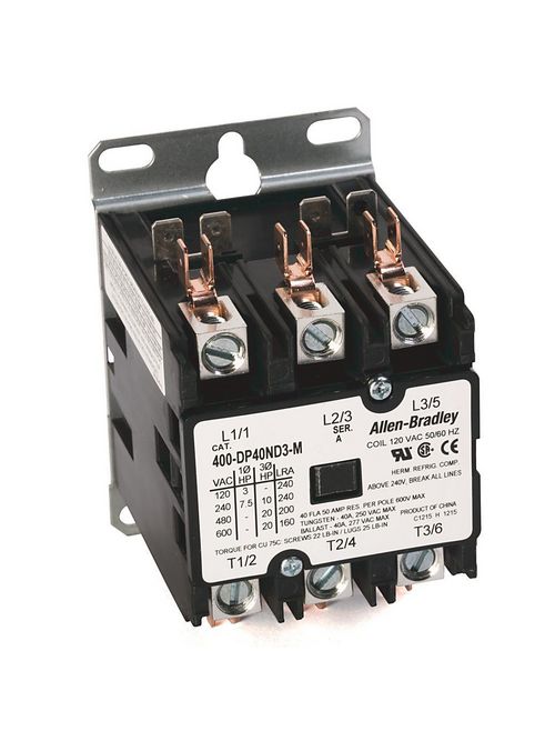 Allen-Bradley 400-DP40ND3 40 Amp 120 Volt 50/60 Hz Definite Purpose Contactor Allen-Bradley 400-DP40ND3 40 Amp 120 Volt 50/60 Hz Definite Purpose Contactor