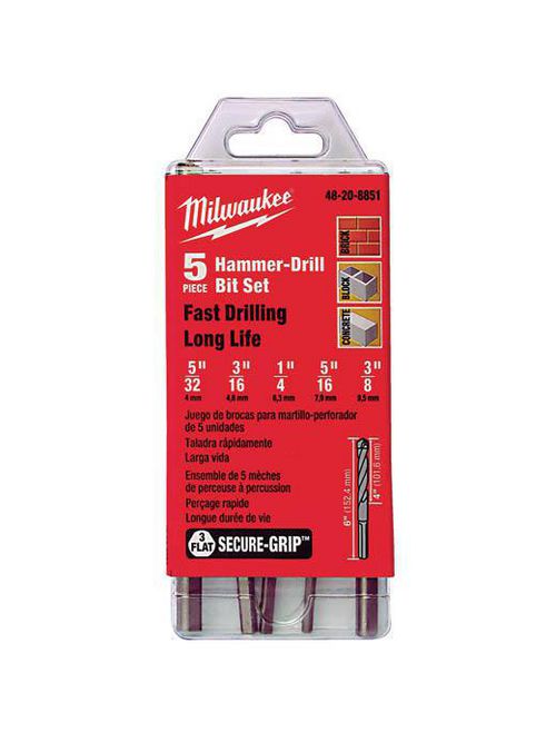 Product image for Milwaukee 48-20-8851 5-Piece 3-Flat Secure-Grip™ Hammer-Drill Bit Set
