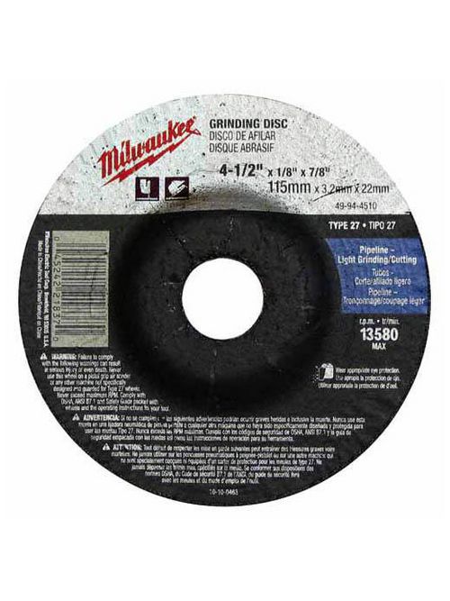 Milwaukee 49-94-4520 4-1/2" x 1/4" x 7/8" Grinding Wheel (Type 27) Milwaukee 49-94-4520 4-1/2" x 1/4" x 7/8" Grinding Wheel (Type 27)