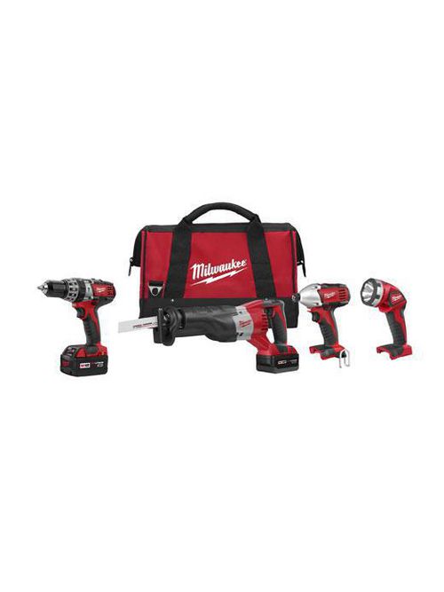 Milwaukee 2696-24 M18™ Cordless Lithium-Ion 4-Tool Combo Kit: 1/2" Hammer/Drill, SAWZALL, 1/4" Hex Impact Driver, Work Light Milwaukee 2696-24 M18™ Cordless Lithium-Ion 4-Tool Combo Kit: 1/2" Hammer/Drill, SAWZALL, 1/4" Hex Impact Driver, Work Light