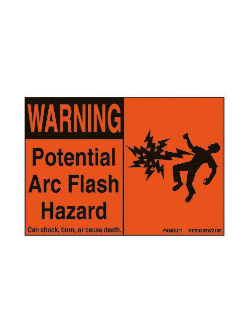 Product image for Panduit PPS0204W2100 Adhesive Sign, Polyester, 'Warning Arc Flash..', 4.50" x 2.25", 2 sgn/cd, 5 cds/pk, BL/OR