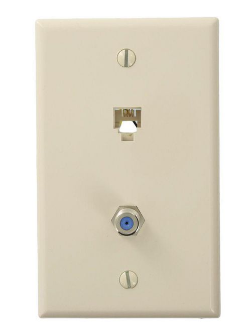 Product image for Leviton 40959-T Light Almond Flush Mount Screw Terminal 6-Position 4-Conductor Standard F-Connector Telephone/Video Wallplate