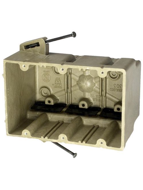 Allied Moulded Products 3303-NK 3-9/16 x 5-11/16 x 3-3/4 Inch 56.5 In 3-Gang Angled Mid-Nail Switch/Receptacle Outlet Box Allied Moulded Products 3303-NK 3-9/16 x 5-11/16 x 3-3/4 Inch 56.5 In 3-Gang Angled Mid-Nail Switch/Receptacle Outlet Box
