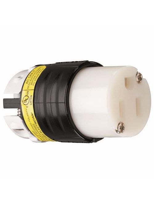 Product image for Pass & Seymour PS5269-XGCM 15 Amp 125 Volt 2-Pole 3-Wire NEMA 5-15R Black and White Nylon Angled Straight Blade Connector