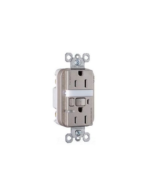 Product image for Pass & Seymour 1595-NTLTRNICC4 15 Amp 125 VAC 2-Pole 3-Wire NEMA 5-15R Nickel Thermoplastic Night Light/GFCI Receptacle