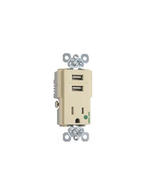 Product image for Pass & Seymour TR-8201USBI 15 Amp 125 VAC 2-Pole 3-Wire Ivory USB Charger Receptacle