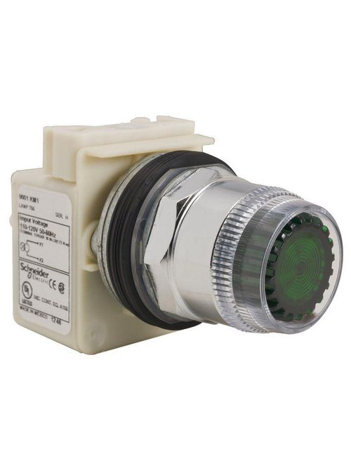 Product image for Square D 9001K1L1G 30 mm Green Body Metal Bezel Momentary Full Guarded Round Illuminated Push Button Operator