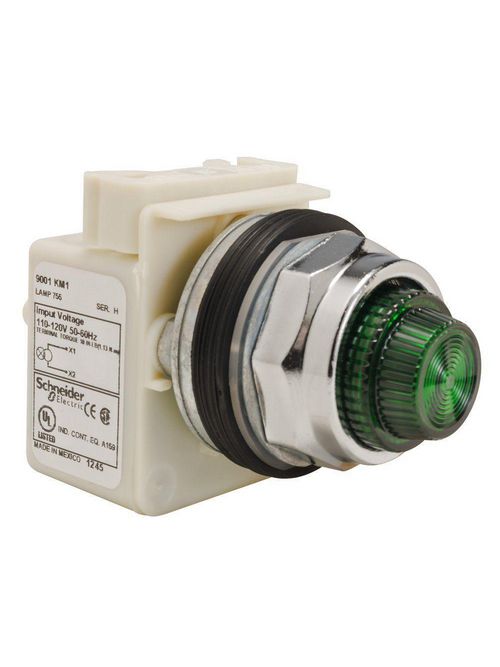 Product image for Square D 9001KP1G31 30 mm 120 VAC Green Lens Metal Bezel Standard Round Pilot Light