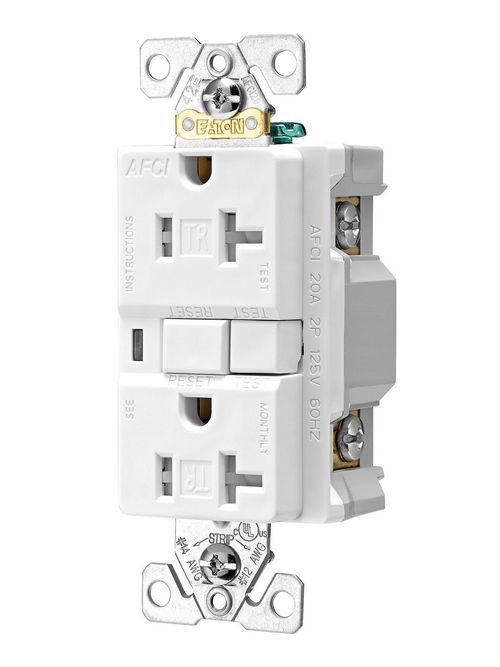 Eaton Wiring Devices TRAFCI20W 20 Amp 125 VAC 2-Pole 3-Wire NEMA 5-20R White AFCI Duplex Receptacle Eaton Wiring Devices TRAFCI20W 20 Amp 125 VAC 2-Pole 3-Wire NEMA 5-20R White AFCI Duplex Receptacle