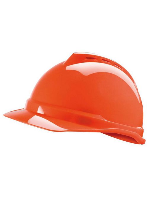 Product image for MSA Safety 10034026 Hi-Viz Orange Polyethylene Shell Standard Vented Protective Cap with 4-Point Fas-Trac III Suspension