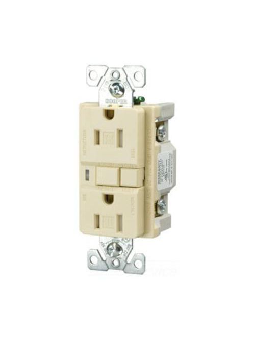 Product image for Eaton Wiring Devices TRVGF15V 15 Amp 125 VAC 2-Pole 3-Wire NEMA 5-15R Ivory Straight Blade Duplex Receptacle