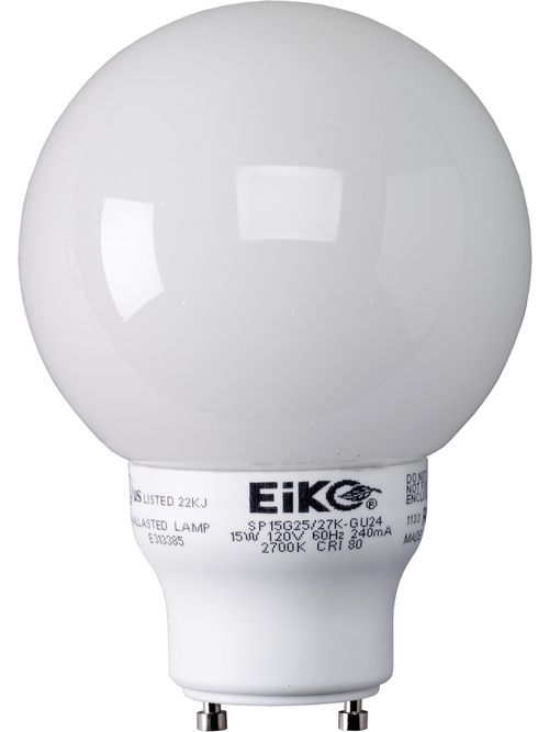 Product image for Eiko Mini Lamps SP15G25/27K-GU24 120 Volt 15 watt Globe Shaped Spiral Lamp