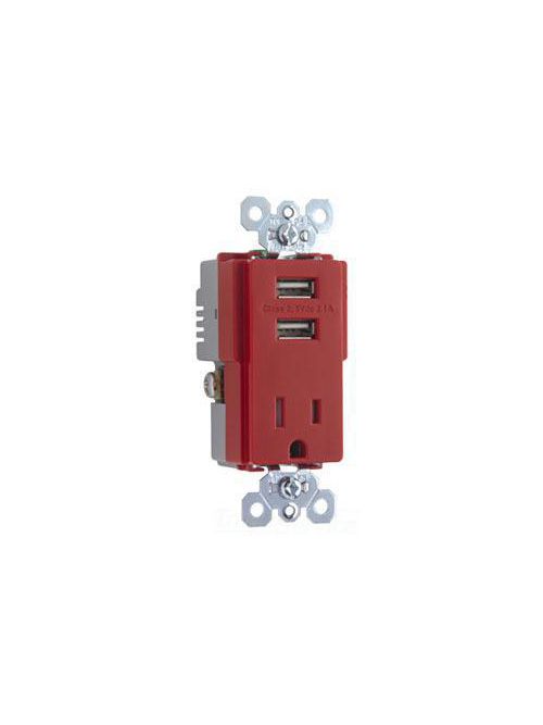 Product image for P&S TR5261USB-RED 15A TR SPEC GRADE W/ 2.1A USB CHARG