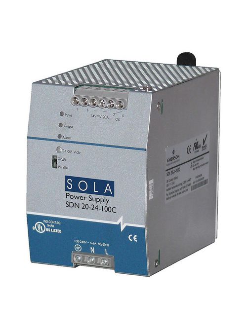 Product image for Sola Hevi-Duty SDN20-24-100C Compact DIN Rail Power Supply. Output: 24Vdc, 20A (480W)