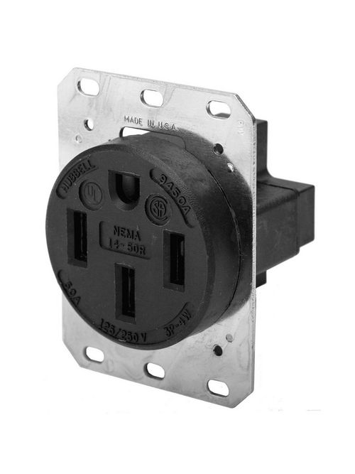 Hubbell Wiring Devices HBL9450A 50 Amp 125/250 Volt 3-Pole 4-Wire NEMA 14-50R Black Straight Blade Receptacle Hubbell Wiring Devices HBL9450A 50 Amp 125/250 Volt 3-Pole 4-Wire NEMA 14-50R Black Straight Blade Receptacle