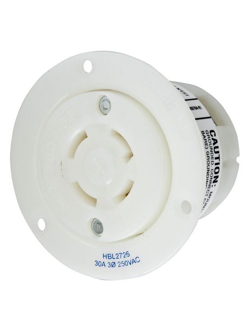 Hubbell Wiring Devices HBL2726 30 Amp 250 Volt 3-Pole 4-Wire NEMA L15-30R White Locking Flanged Receptacle Hubbell Wiring Devices HBL2726 30 Amp 250 Volt 3-Pole 4-Wire NEMA L15-30R White Locking Flanged Receptacle