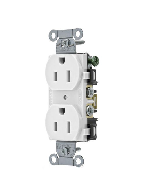 Hubbell Wiring Devices BR15WHI 15 Amp 125 Volt 2-Pole 3-Wire NEMA 5-15R White Nylon Straight Blade Duplex Receptacle Hubbell Wiring Devices BR15WHI 15 Amp 125 Volt 2-Pole 3-Wire NEMA 5-15R White Nylon Straight Blade Duplex Receptacle