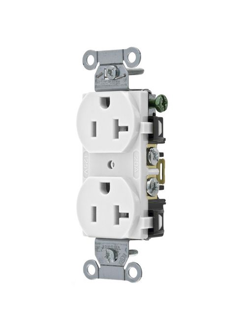 Hubbell Wiring Devices BR20WHI 20 Amp 125 Volt 2-Pole 3-Wire NEMA 5-20R White Nylon Straight Blade Duplex Receptacle Hubbell Wiring Devices BR20WHI 20 Amp 125 Volt 2-Pole 3-Wire NEMA 5-20R White Nylon Straight Blade Duplex Receptacle