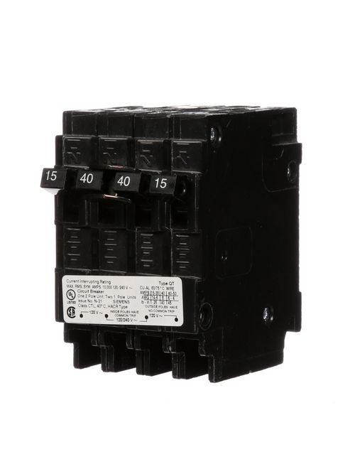 Siemens Industry Q21540CT 1/2-Pole 120/240 VAC 15/40 Amp 10 kA Plug-In Common Trip Quadplex Circuit Breaker Siemens Industry Q21540CT 1/2-Pole 120/240 VAC 15/40 Amp 10 kA Plug-In Common Trip Quadplex Circuit Breaker