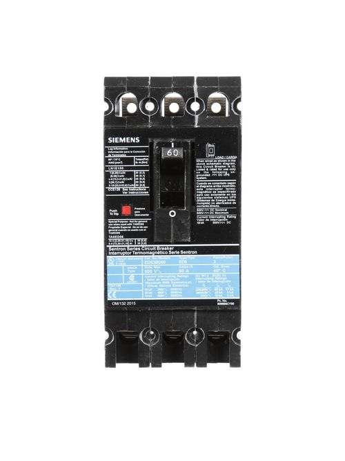Siemens Industry ED63B060 3-Pole 60 Amp 600 Volt 18 kA Circuit Breaker Lug Siemens Industry ED63B060 3-Pole 60 Amp 600 Volt 18 kA Circuit Breaker Lug