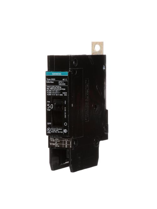 Siemens Industry BQD150 1-Pole 50 Amp 277 VAC 14 kA Circuit Breaker Siemens Industry BQD150 1-Pole 50 Amp 277 VAC 14 kA Circuit Breaker