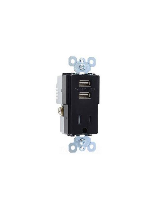 Product image for Pass & Seymour TM8-USBBKCC6 15/2.1 Amp 125 VAC Black Decorator Combination Switch and USB Charger