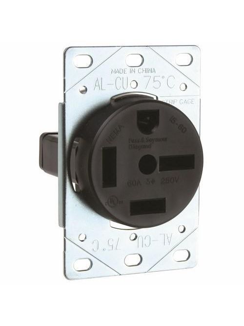 Pass & Seymour 5760 60 Amp 250 VAC 3-Phase 3-Pole 4-Wire NEMA 15-60R Straight Blade Power Receptacle Pass & Seymour 5760 60 Amp 250 VAC 3-Phase 3-Pole 4-Wire NEMA 15-60R Straight Blade Power Receptacle
