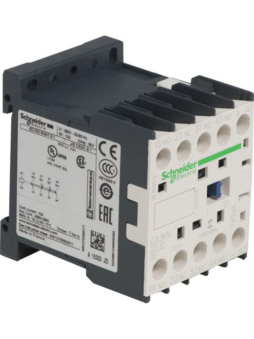 Product image for Square D CA3KN22JD 240 VDC 12 VDC 10 Amp 3 W 4-Pole 2NO 2NC IP2X IEC Control Relay
