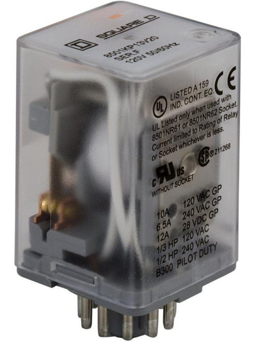 Product image for Square D 8501KP13V20 120 VAC 10 Amp 3PDT Socket/Solder Mount AC Operated Plug-In Relay