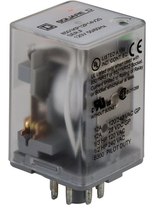 Product image for Square D 8501KP12P14V20 120 VAC 10 Amp DPDT Socket/Solder Mount AC Operated Plug-In Relay
