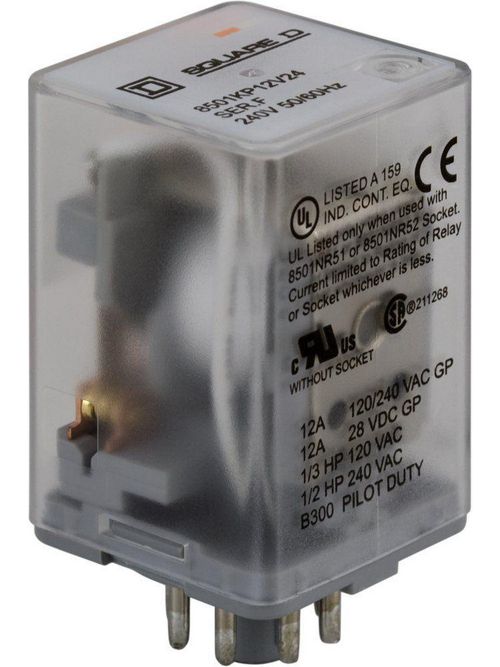 Product image for Square D 8501KP12V24 240 VAC 10 Amp DPDT Socket/Solder Mount AC Operated Plug-In Relay