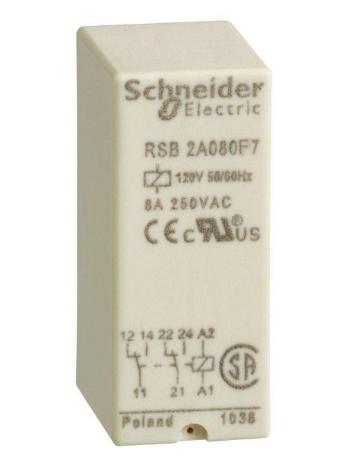Product image for Square D RSB2A080F7 120 VAC 8 Amp DPDT 2CO Silver Alloy Plug-In Interface Relay