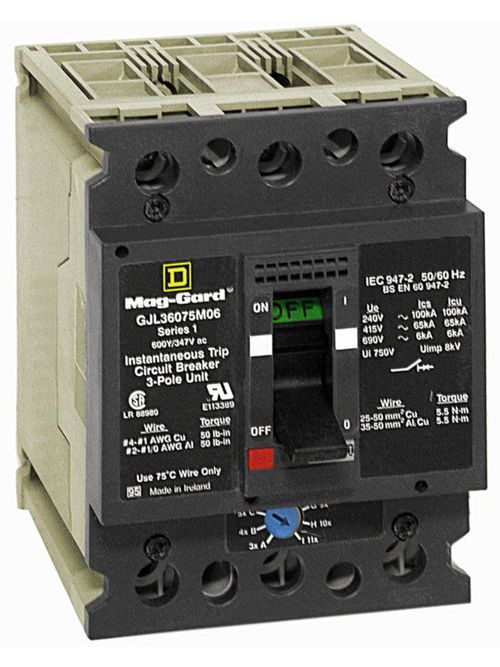 Product image for Square D GJL36075M06 Motor Circuit Protector 600Y/347 Volt 75 Amp Molded Case Circuit Breaker