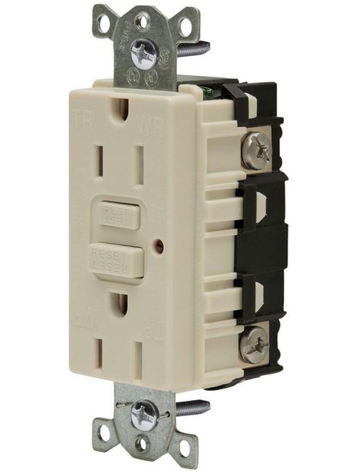 Product image for Hubbell Wiring Devices GFTR15LA 15 Amp 125 Volt 2-Pole 3-Wire NEMA 5-15R Light Almond Duplex GFCI Receptacle with LED Indicator