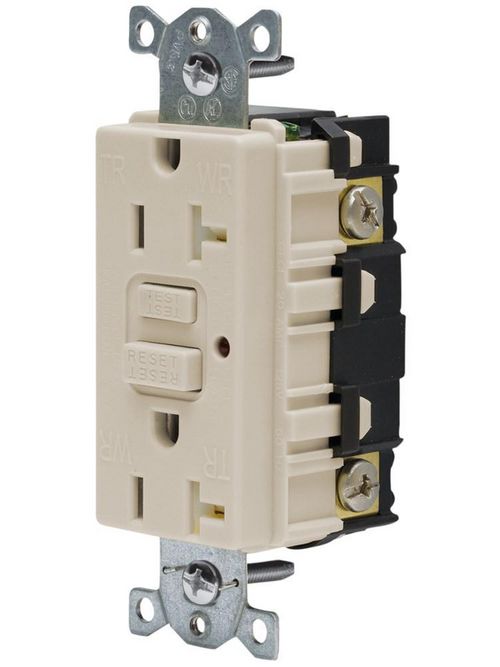 Product image for Hubbell Wiring Devices GFTR20LA 20 Amp 125 Volt 2-Pole 3-Wire NEMA 5-20R Light Almond Duplex GFCI Receptacle with LED Indicator