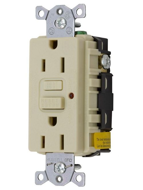 Product image for Hubbell GF15ILA 15 Amp 125 Volt 2-Pole 3-Wire NEMA 5-15R Ivory Duplex GFCI Receptacle with LED Indicator