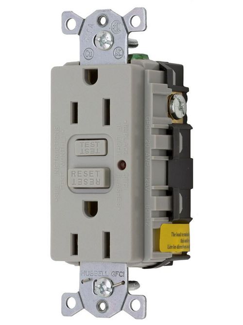 Product image for Hubbell GF15GYLA 15 Amp 125 Volt 2-Pole 3-Wire NEMA 5-15R Gray Duplex GFCI Receptacle with LED Indicator
