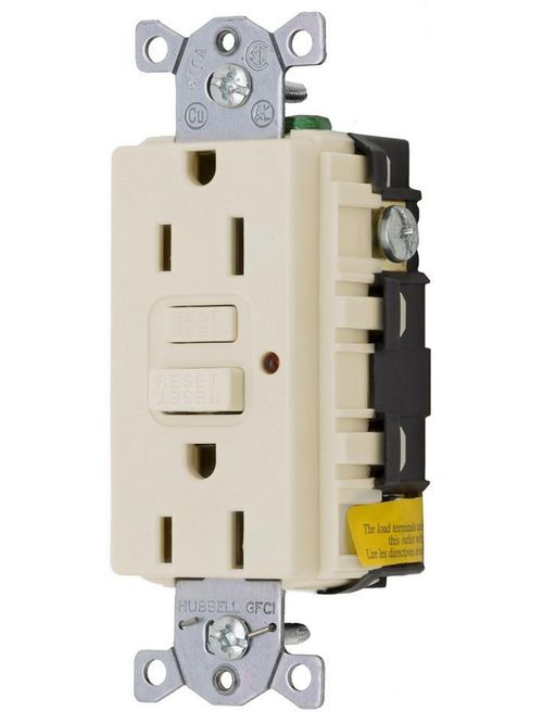Product image for Hubbell GF15LALA 15 Amp 125 Volt 2-Pole 3-Wire NEMA 5-15R Light Almond Duplex GFCI Receptacle with LED Indicator