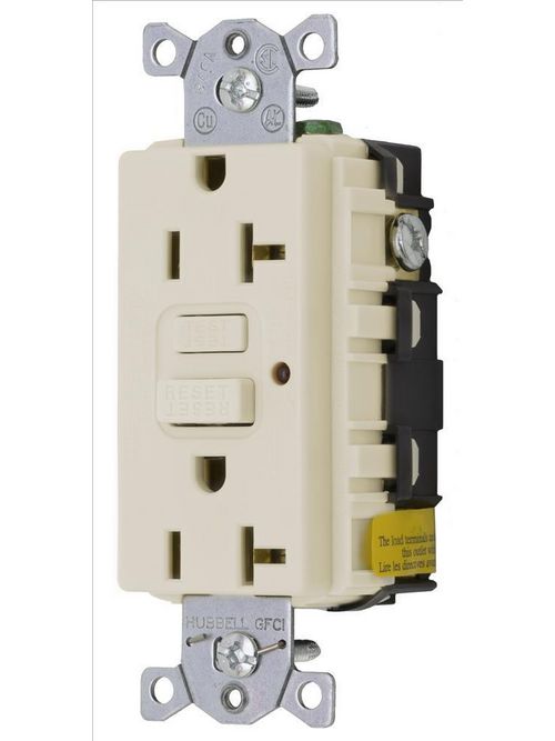 Product image for Hubbell GF20LALA 20 Amp 125 Volt 2-Pole 3-Wire NEMA 5-20R Light Almond GFCI Receptacle with LED Indicator
