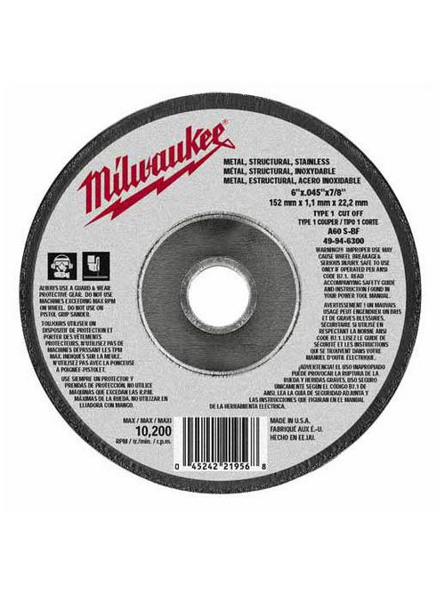 Milwaukee 49-94-6300 6" x .045" x 7/8" Cut-Off Wheel (Type 1) Milwaukee 49-94-6300 6" x .045" x 7/8" Cut-Off Wheel (Type 1)