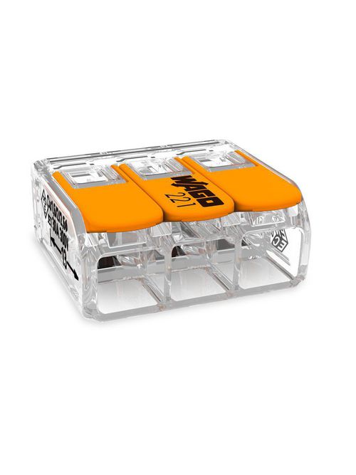 Product image for Wago 221-613 3-Conductor #10 AWG Push-In LEVER-NUTS® Wire Splicing Connector, #20-#10 Solid/Stranded, Clear w/Orange Lever (Box of 30)
