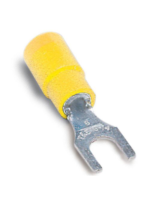 Thomas & Betts 10RC-14FX 1/4 Inch Bolt Hole 12-10 AWG Wire Range Yellow Expanded Insulated Vinyl Fork Terminal Thomas & Betts 10RC-14FX 1/4 Inch Bolt Hole 12-10 AWG Wire Range Yellow Expanded Insulated Vinyl Fork Terminal