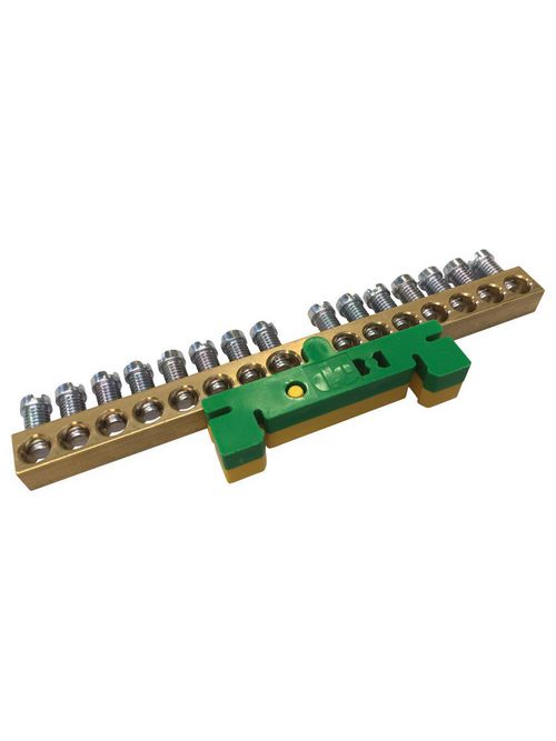 Product image for Erico 568680 Earthing & Neutral Busbar, Brass on Yellow/Green DIN Rail Clip, 15 Connections