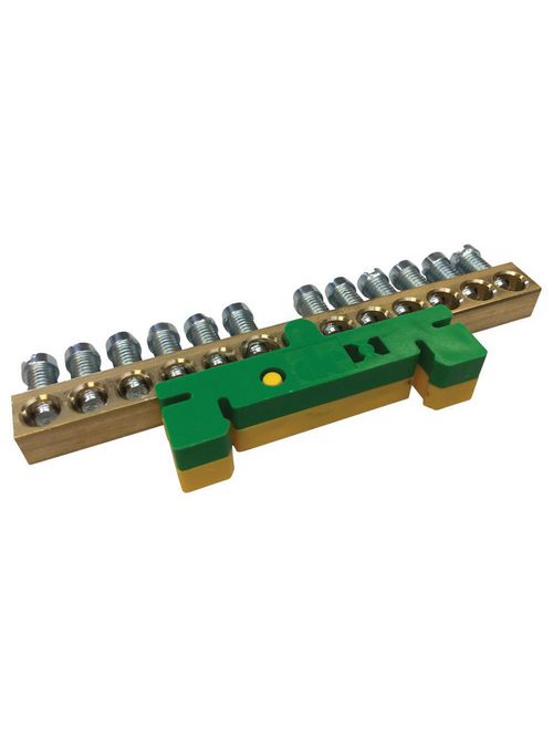 Product image for Eriflex 568679 Earthing & Neutral Busbar, Brass on Yellow/Green DIN Rail Clip, 12 Connections