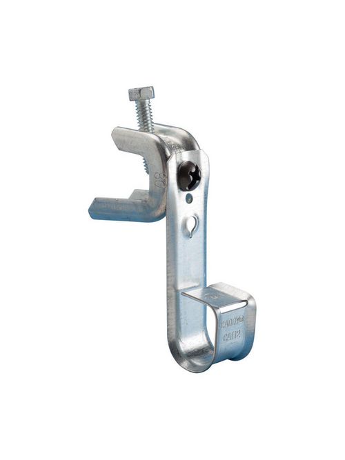 Product image for Erico CAT32BC200 Beam clamp with attached CADDY Cablecat J-Hook. Supports low voltage cables.
