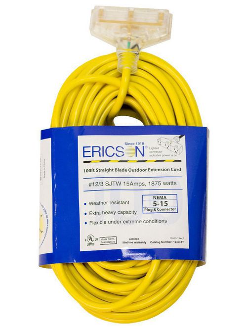 Product image for Ericson Manufacturing Company 123D-TT 100 Foot 125 Volt 15 Amp 1875 W #12/3 SJTW Extension Cord