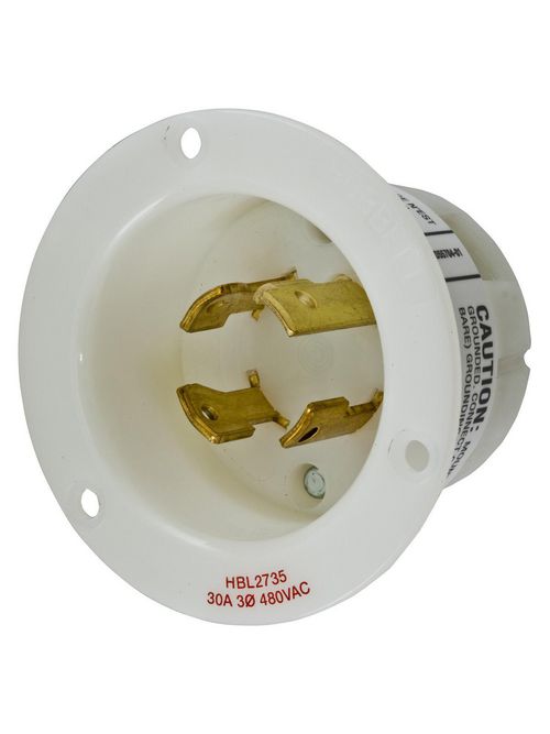 Hubbell Wiring Devices HBL2735 30 Amp 480 Volt 3-Pole 4-Wire NEMA L16-30P White Locking Flanged Inlet Hubbell Wiring Devices HBL2735 30 Amp 480 Volt 3-Pole 4-Wire NEMA L16-30P White Locking Flanged Inlet